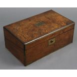 A late Victorian burr walnut & brass-inlaid writing slope with fitted interior, the lid inset