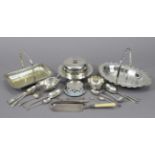 A silver-plated muffin dish; two serving dishes; a crumb scoop; together with various other items of
