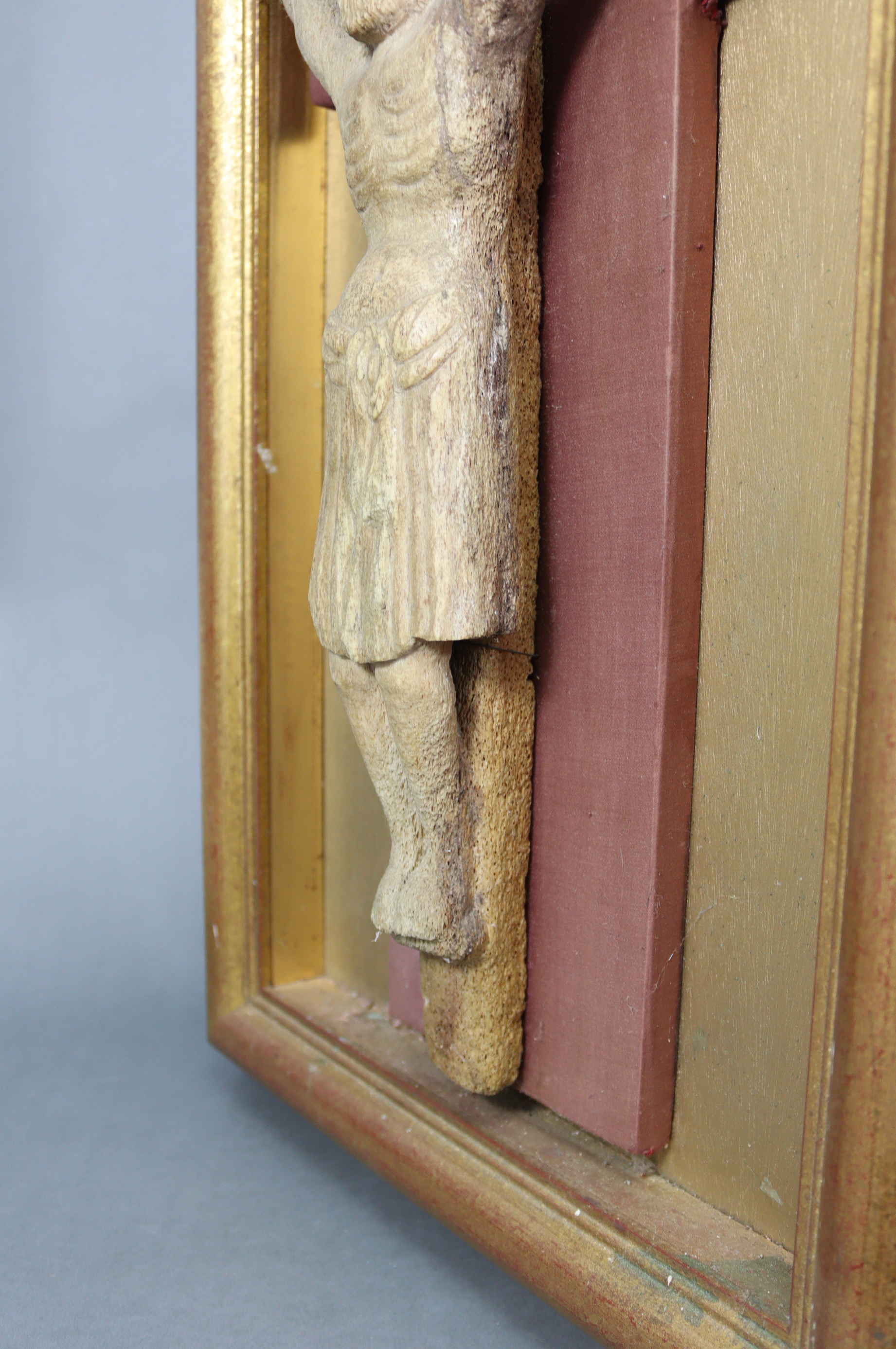 An early carved bone Corpus Christi, 20½” x 10”, mounted on burgundy silk-lined backing, & in open - Image 4 of 5