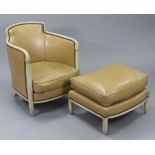 A cream-finish wooden frame tub-shaped easy chair in the 19th century continental style, upholstered