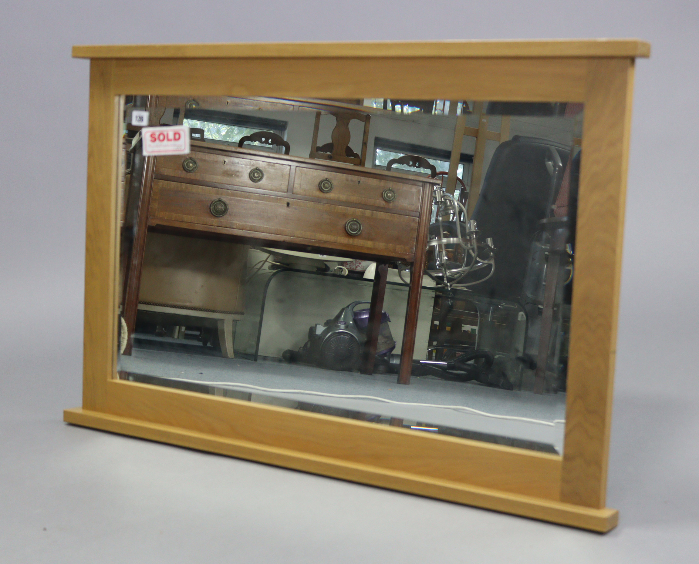 A light oak frame overmantel mirror inset bevelled plate, 25” x 39”; together with a bathroom wall - Image 5 of 5