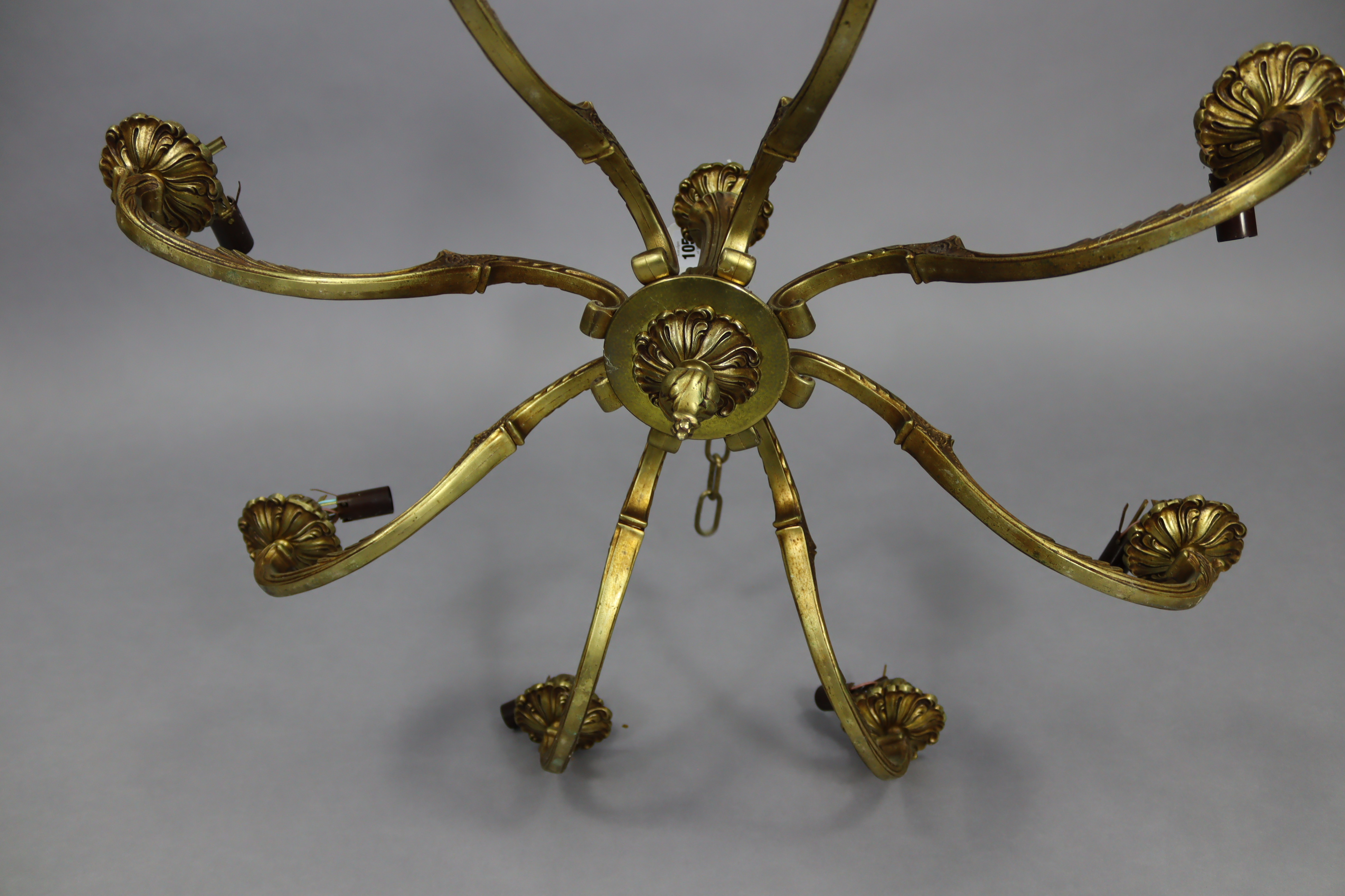 A brass eight-branch chandelier with scroll-arms, 30” wide x 15” high. - Image 3 of 4