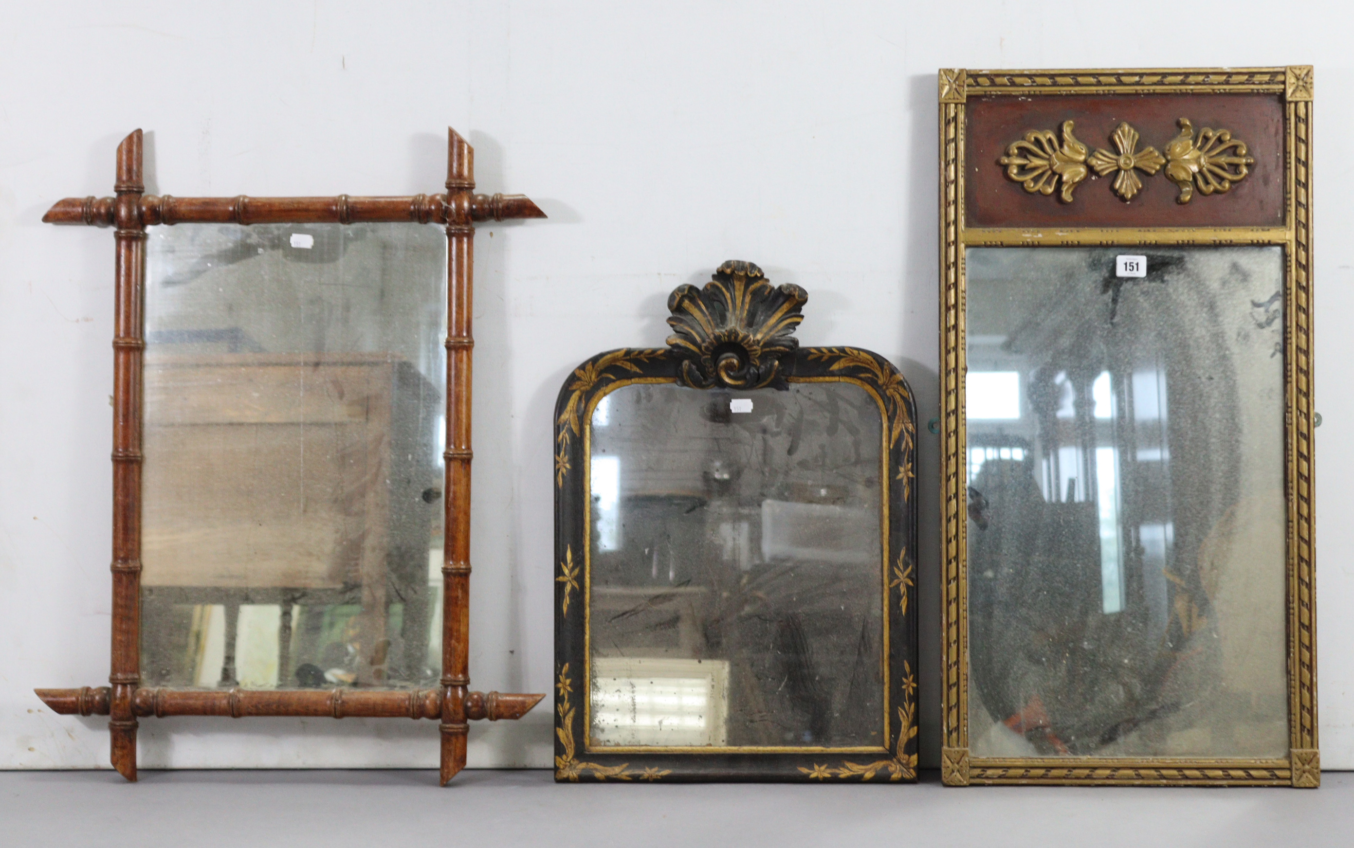 A continental-style gilt frame pier glass, 31” x 16”; together with two rectangular wall mirrors.