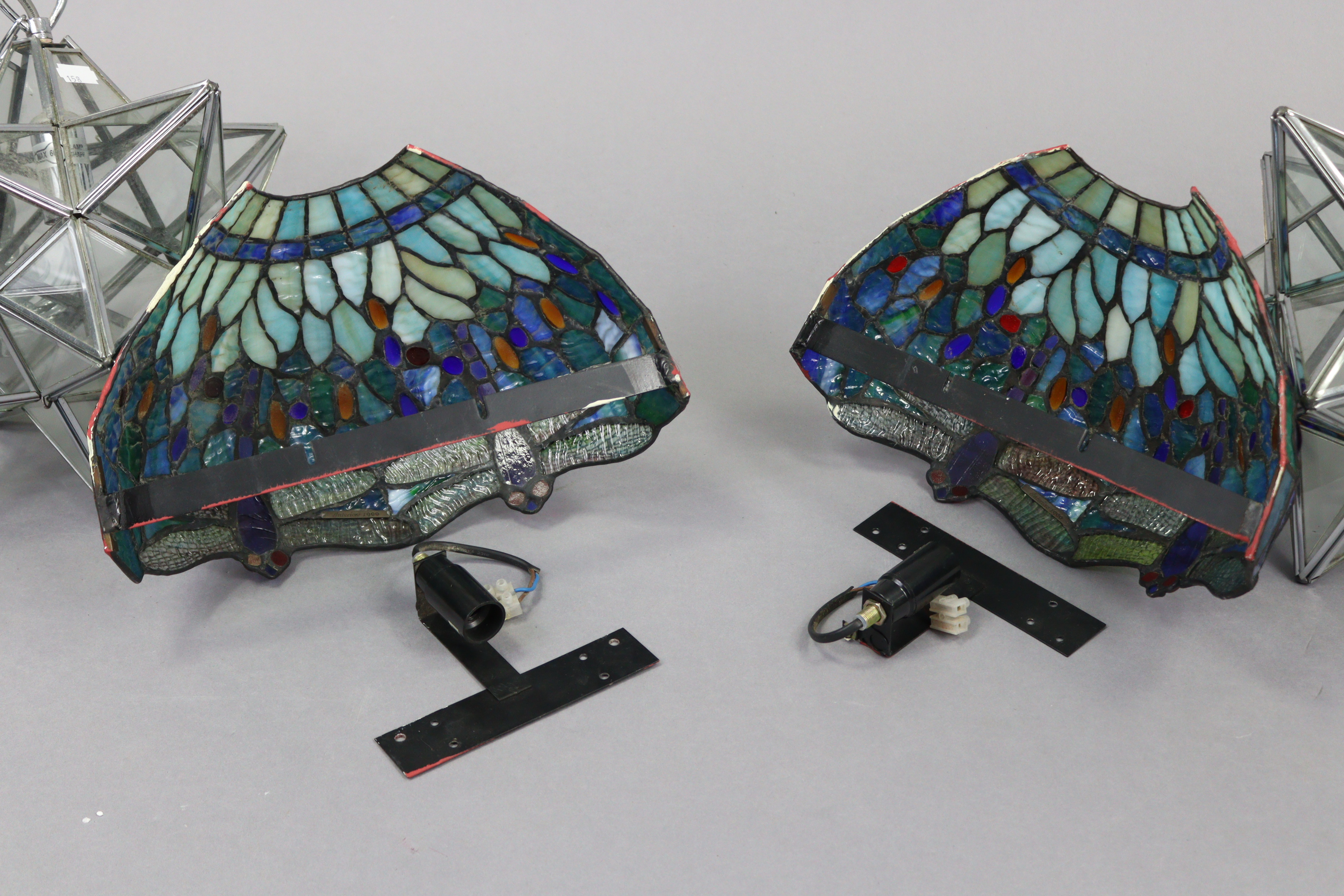A pair of leaded & mottled glass wall lights of demi-lune form & with dragonfly decoration, 12½” - Image 4 of 5