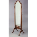A mahogany rectangular cheval mirror on square tapered supports & cabriole legs, 18” wide x 61¾”