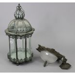 A silvered-metal hall lantern, 12” wide x 25” high, slight faults; & a similar ceiling light
