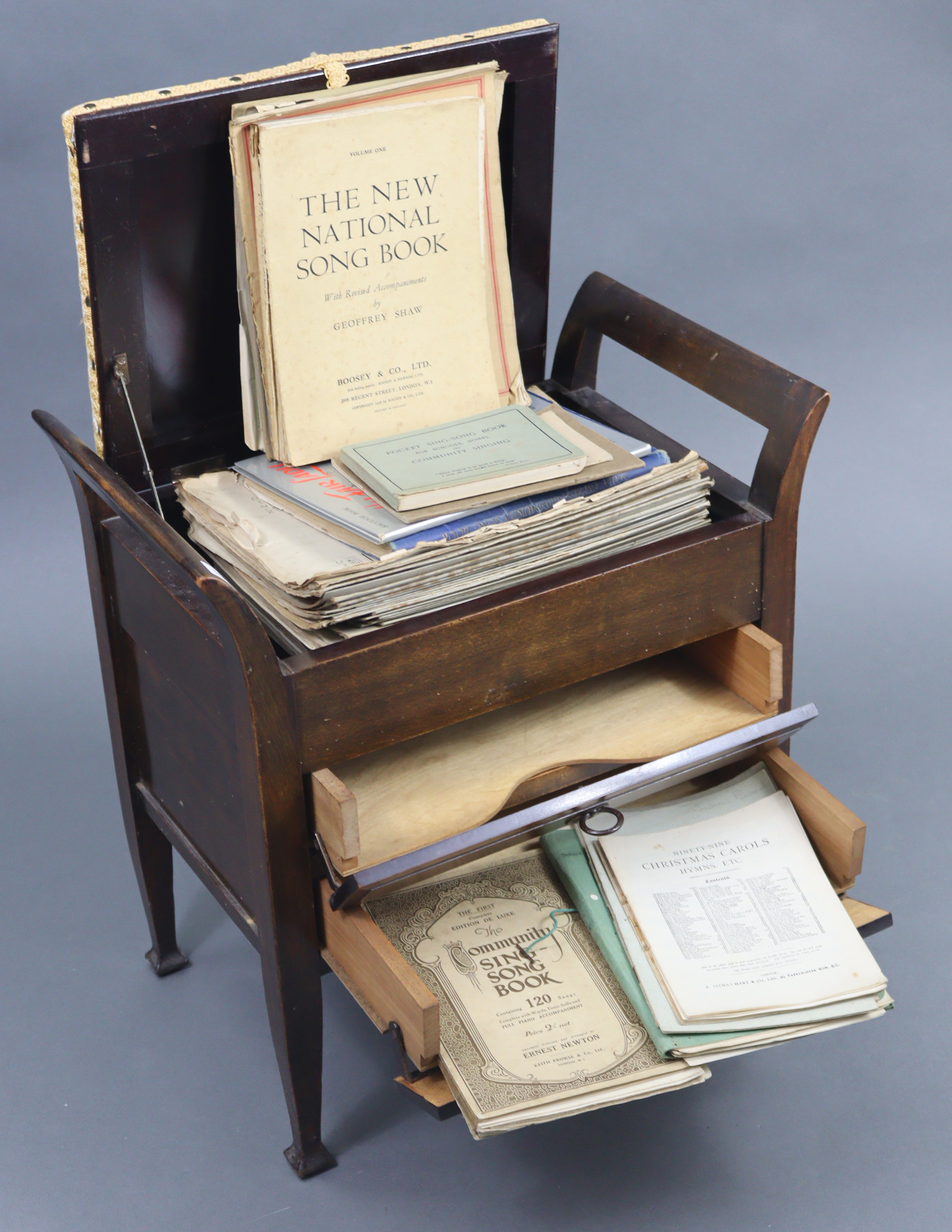 An Edwardian beech piano stool with padded hinged seat above two long drawers with hinged - Image 2 of 2