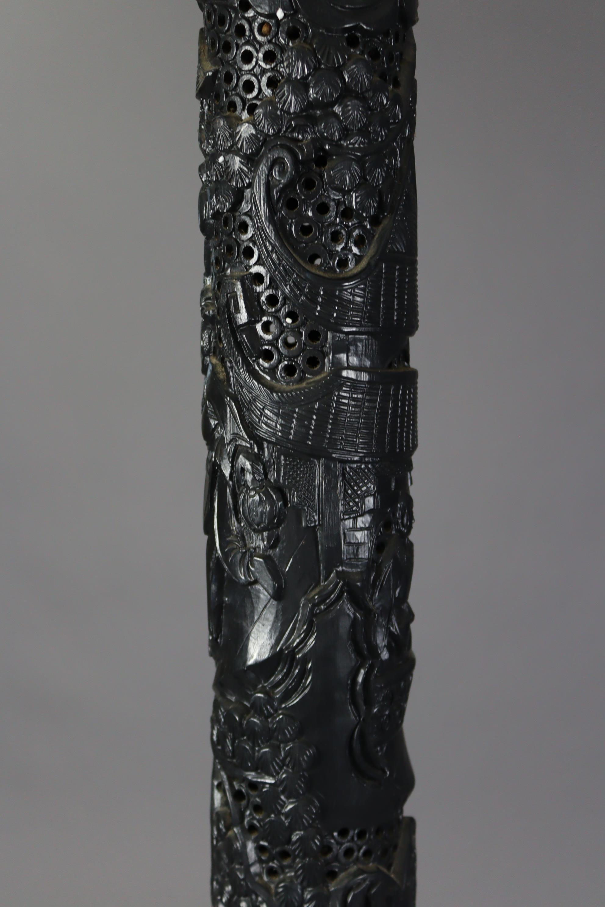 An early 20th century eastern carved & pierced ebonised wooden torchere/standard lamp, the - Image 6 of 7