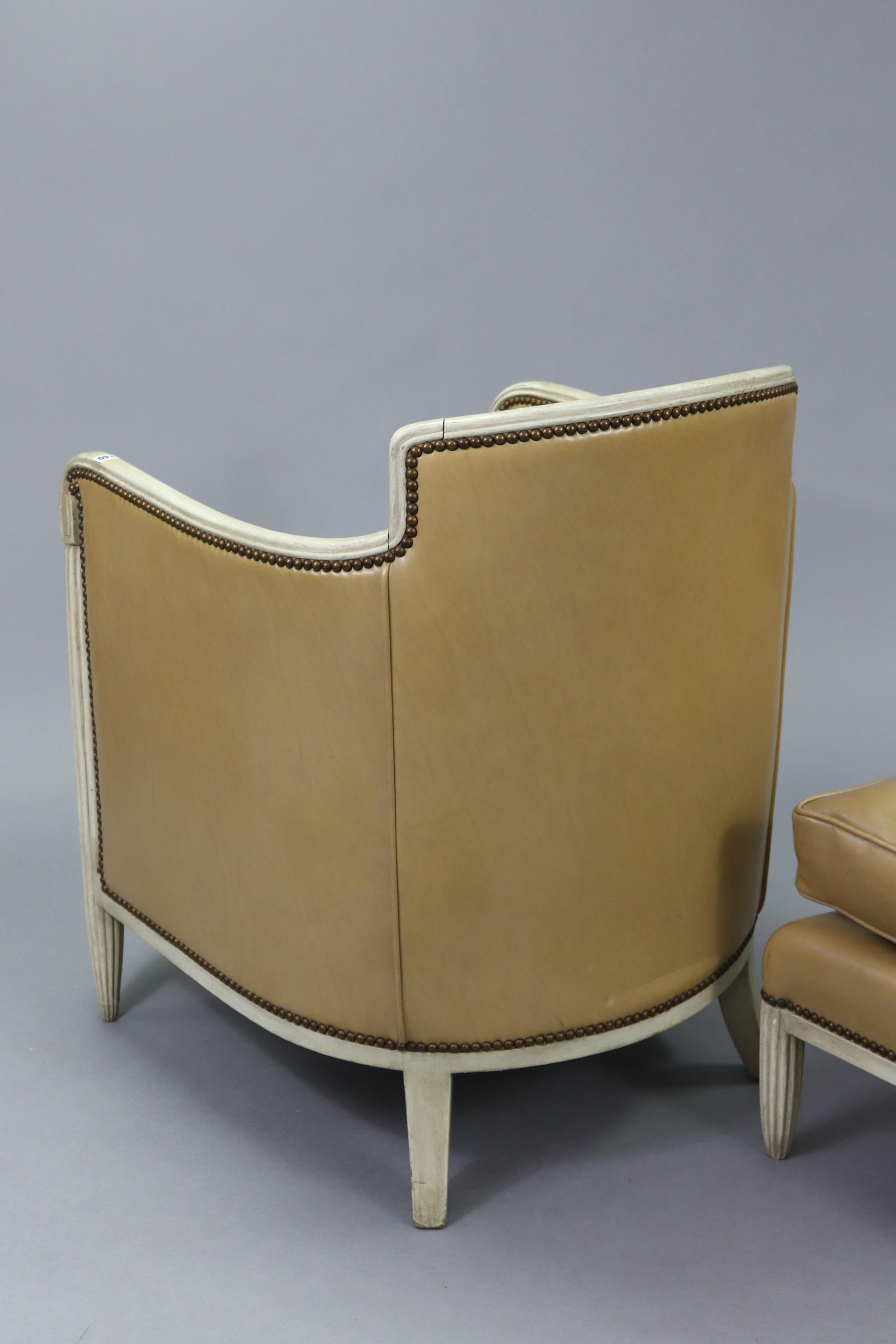 A cream-finish wooden frame tub-shaped easy chair in the 19th century continental style, upholstered - Image 4 of 7