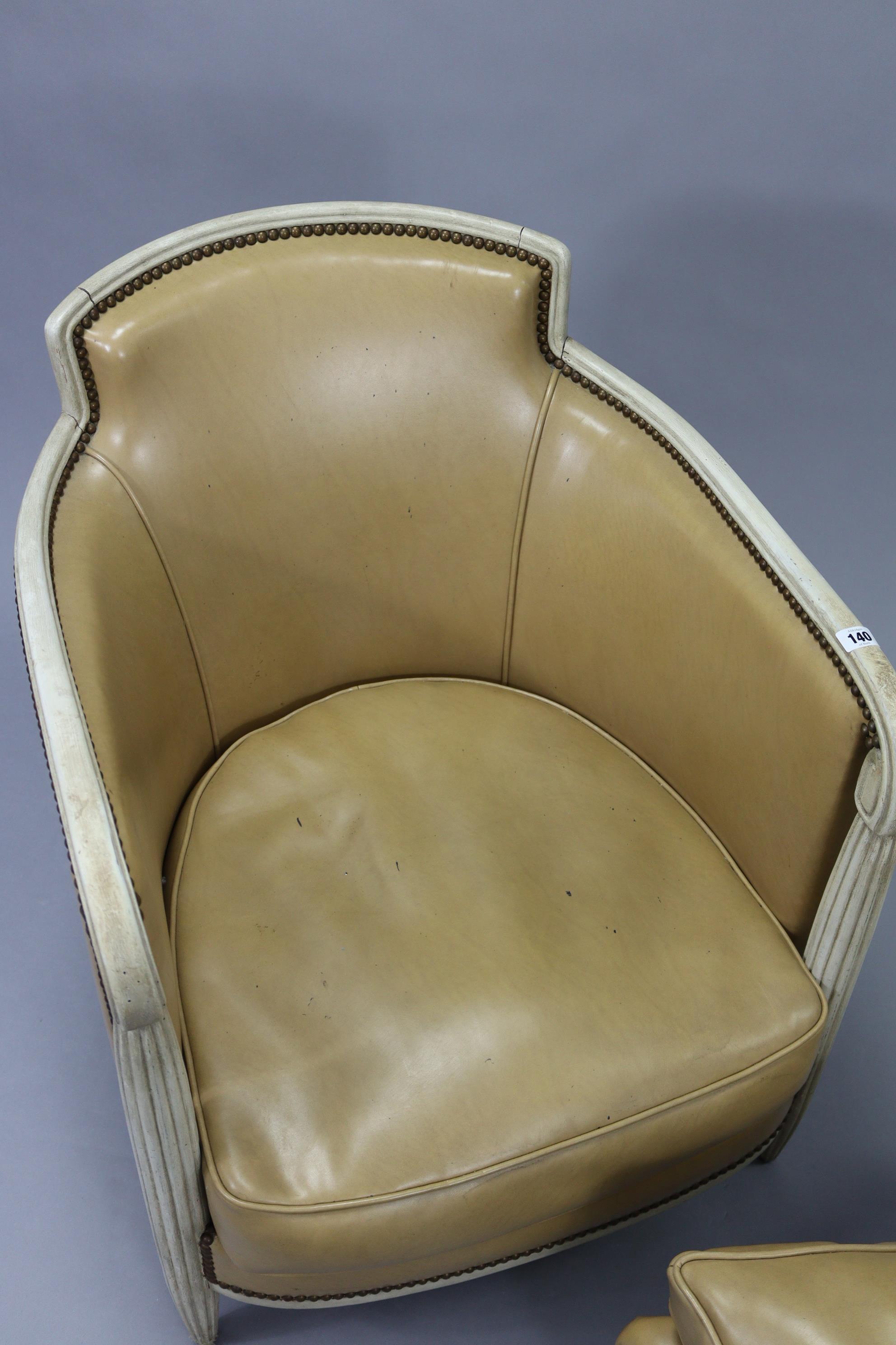 A cream-finish wooden frame tub-shaped easy chair in the 19th century continental style, upholstered - Image 3 of 7