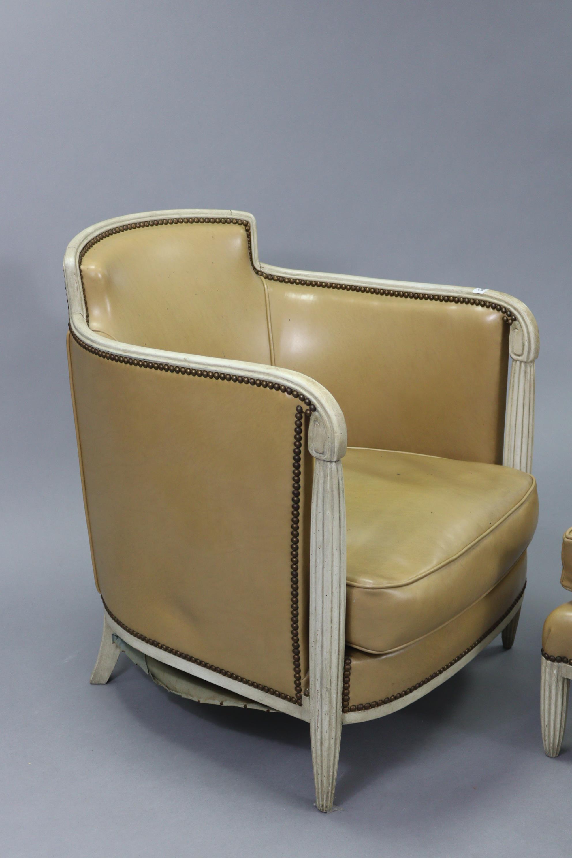 A cream-finish wooden frame tub-shaped easy chair in the 19th century continental style, upholstered - Image 2 of 7