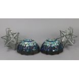 A pair of leaded & mottled glass wall lights of demi-lune form & with dragonfly decoration, 12½”