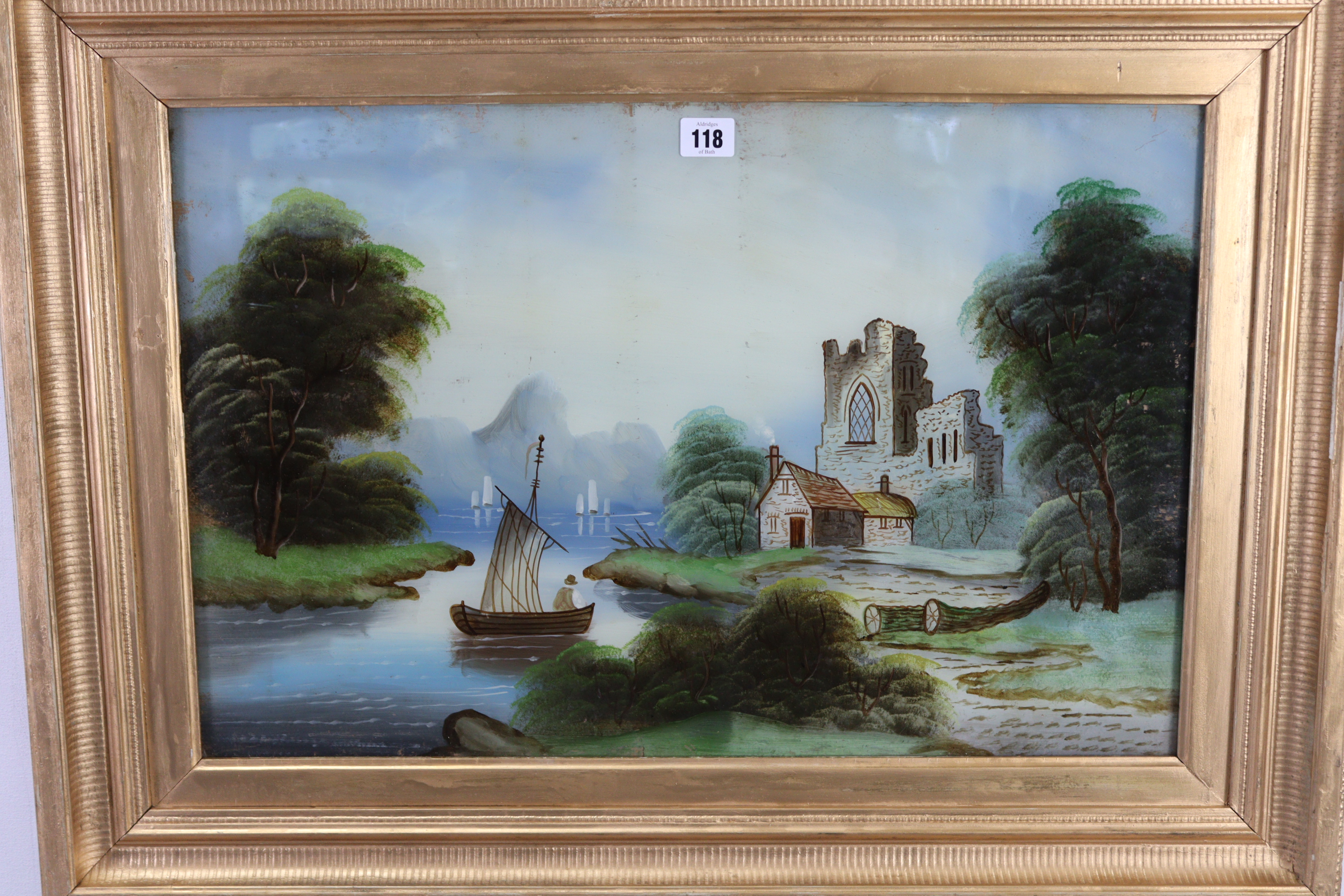 A pair of reverse paintings on glass-continental river scenes, 15½” x 23½”, in matching gilt - Image 2 of 3