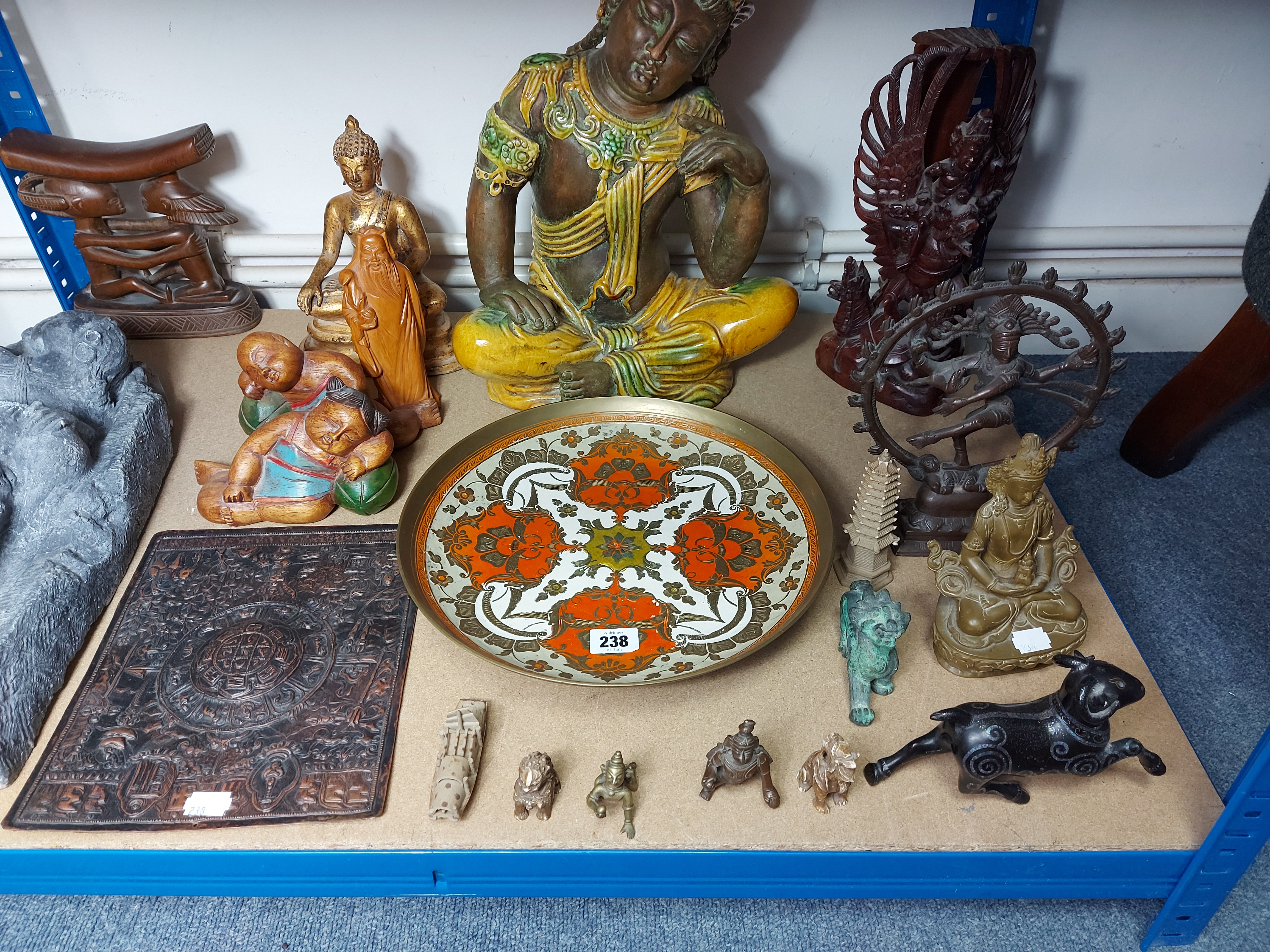 A large glazed pottery buddha figure, 15¾” high; two other buddha figures; & various other eastern - Image 2 of 3