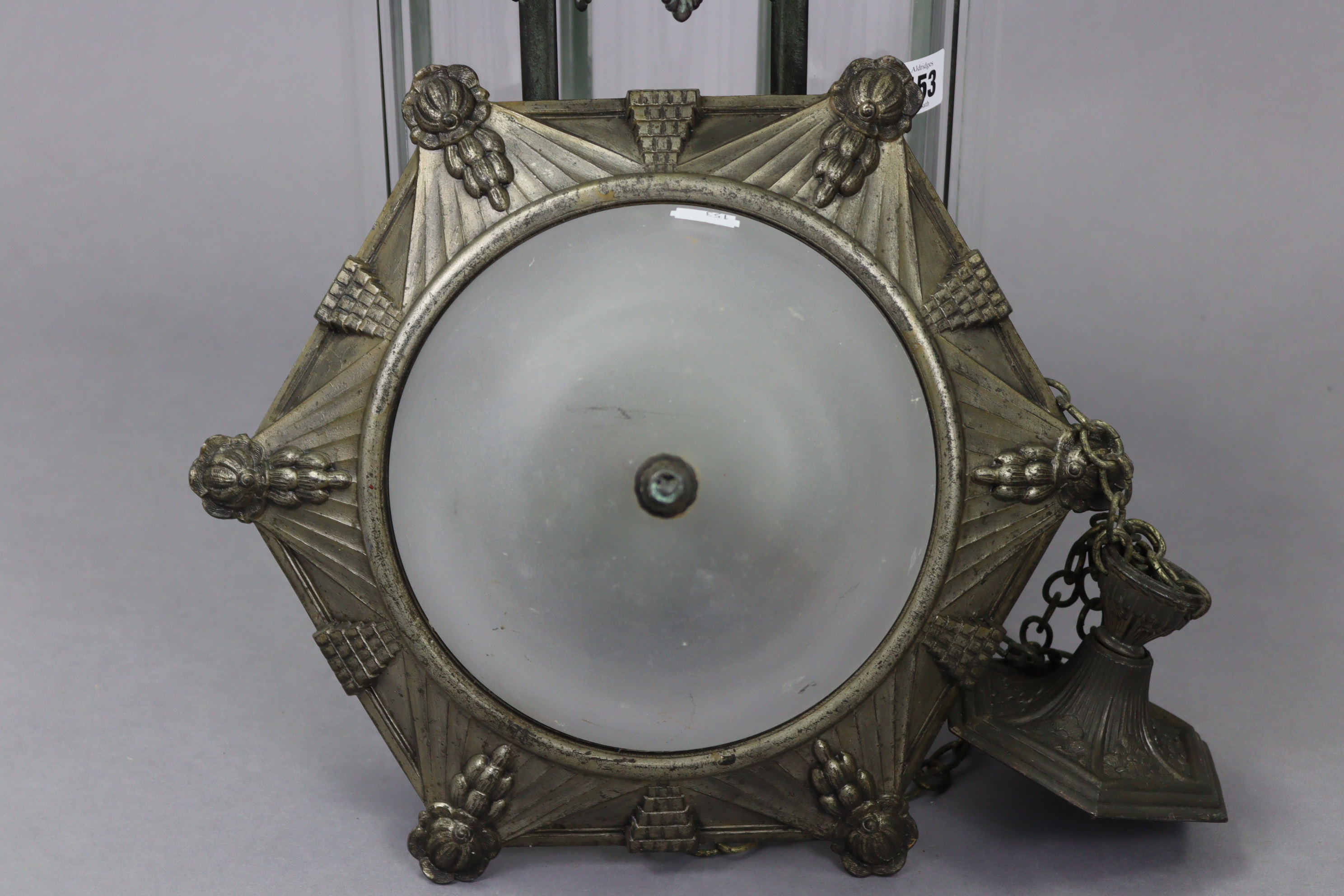 A silvered-metal hall lantern, 12” wide x 25” high, slight faults; & a similar ceiling light - Image 5 of 6