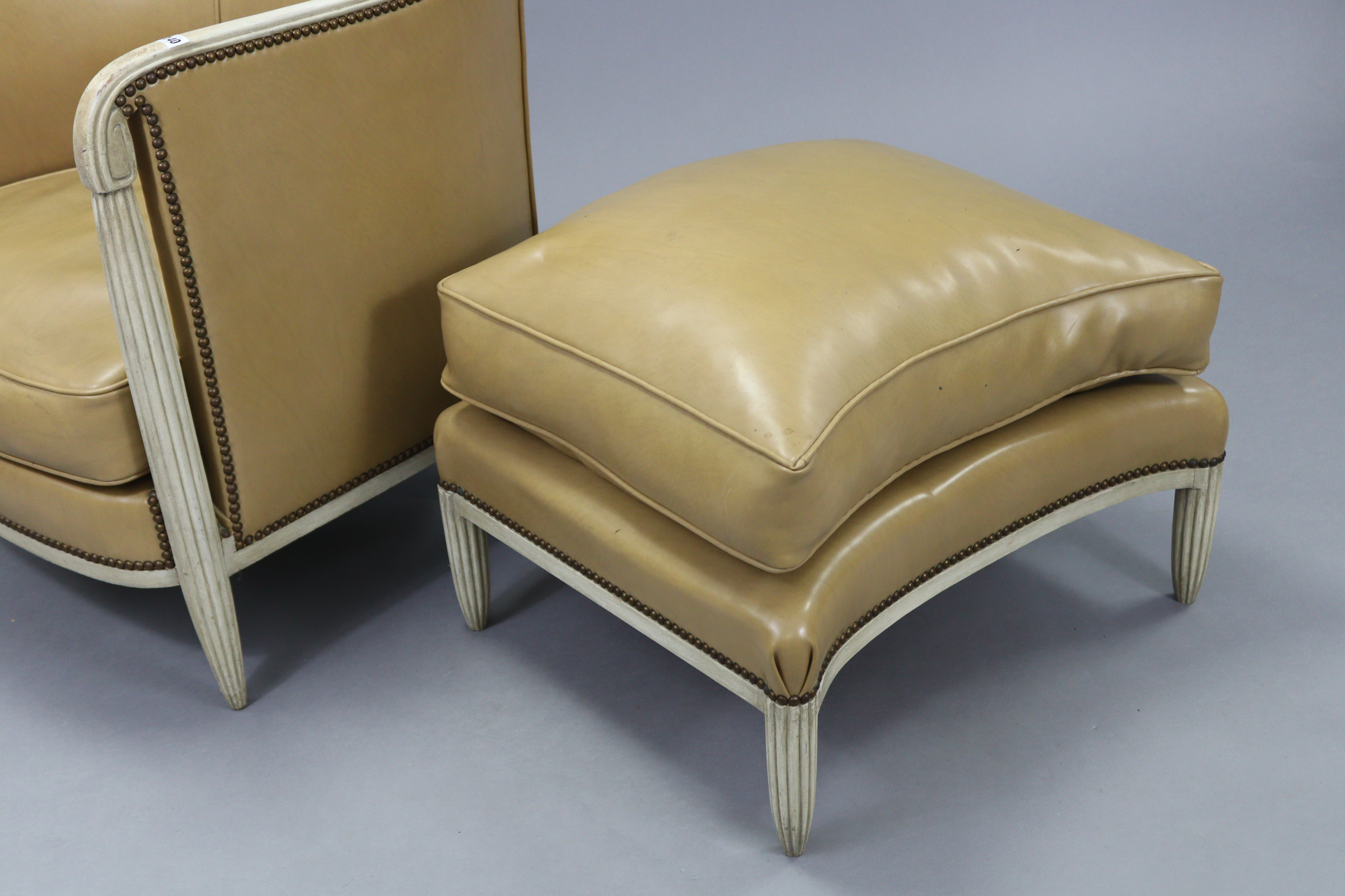 A cream-finish wooden frame tub-shaped easy chair in the 19th century continental style, upholstered - Image 5 of 7