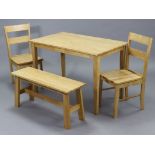 A maple-finish rectangular kitchen table on four square tapered legs, 44¾” x 26¾”; a ditto pair of