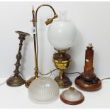 An Edwardian style brass desk lamp with scroll-arm, & on circular base, 22” high; together with