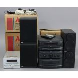 A Yamaha cd/receiver with remote control, an Akai stacking hi/fi system, a pair of Yamaha speakers,
