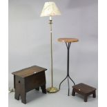 An oak box-seat stool, 20” wide; together with an occasional table; a standard lamp; a footstool,