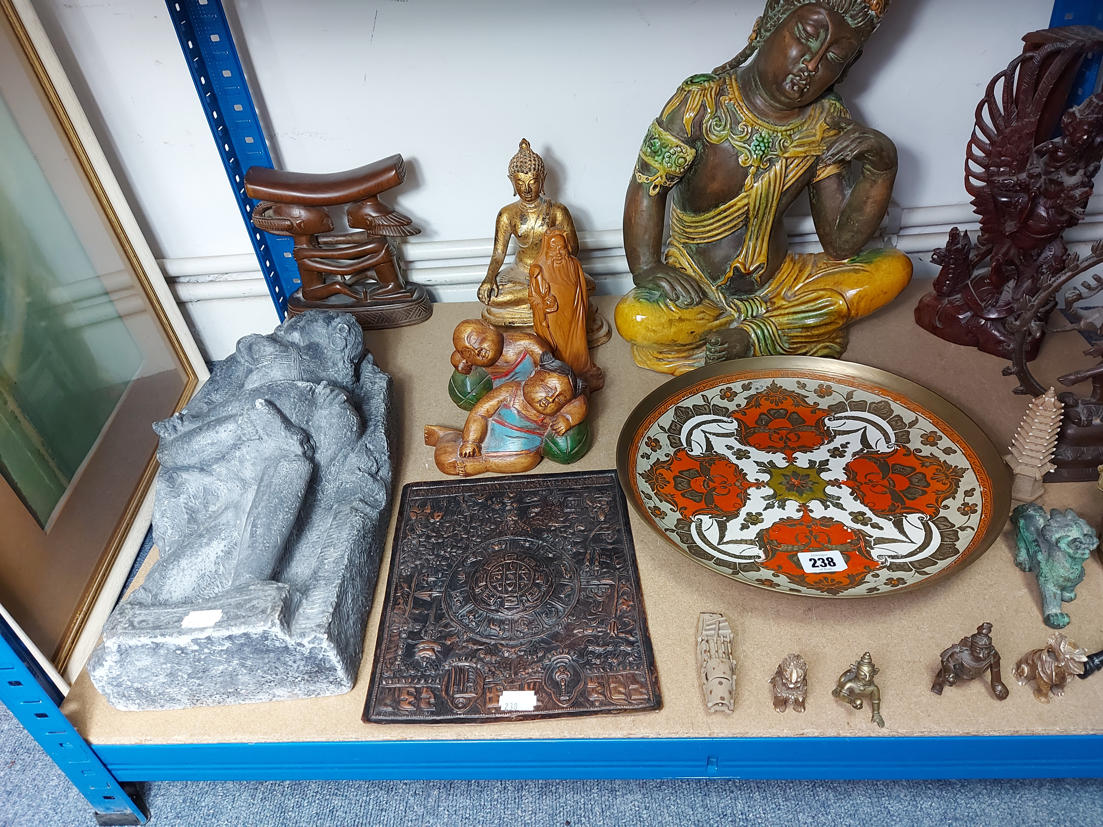 A large glazed pottery buddha figure, 15¾” high; two other buddha figures; & various other eastern - Image 3 of 3