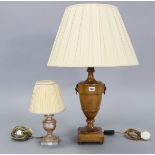 A treen table lamp with vase-turned centre column, & on a square plinth, 30½” high; a composition