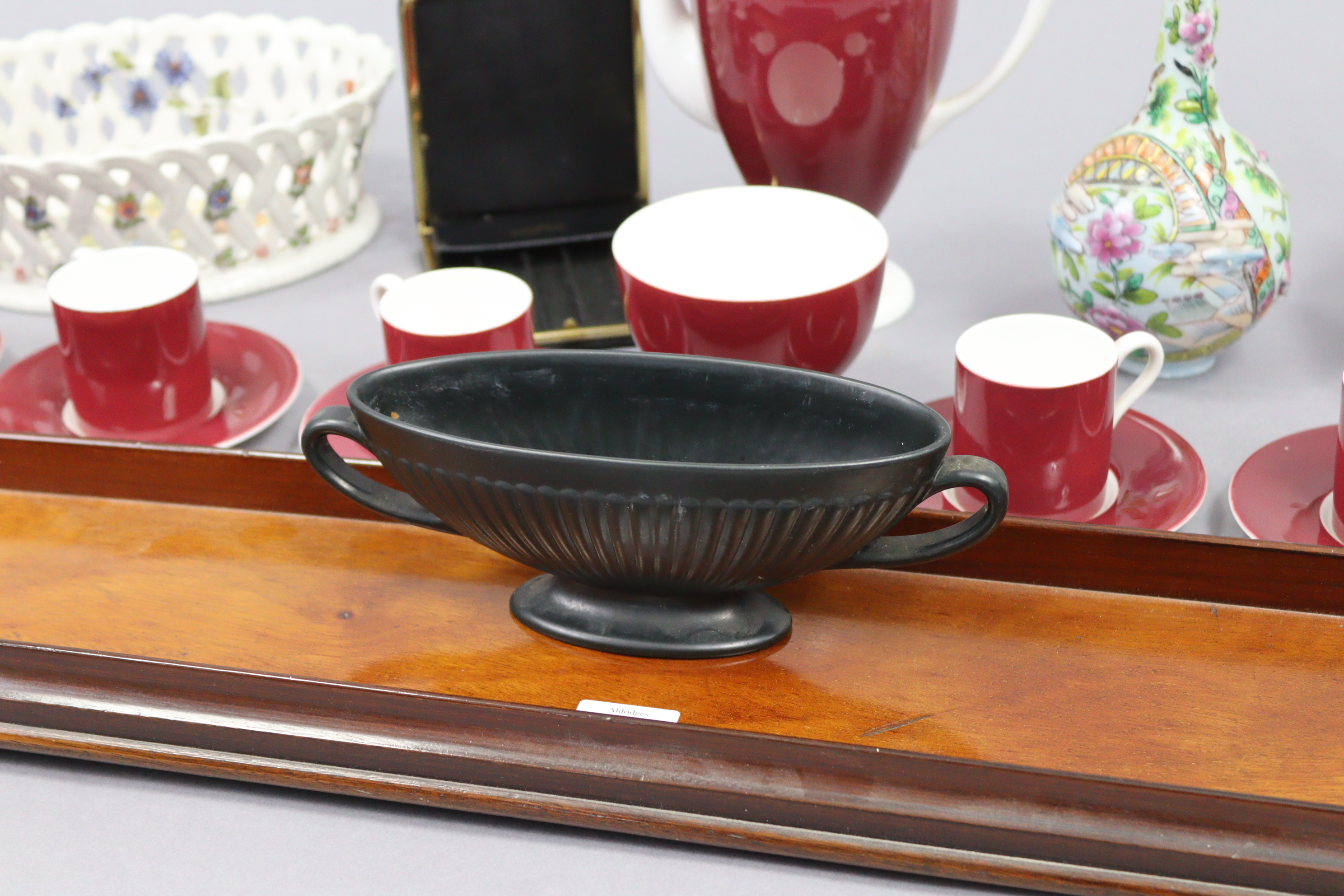 A mahogany rectangular two-handled tea tray of narrow proportions, 30” x 6”; together with two cigar - Image 2 of 5