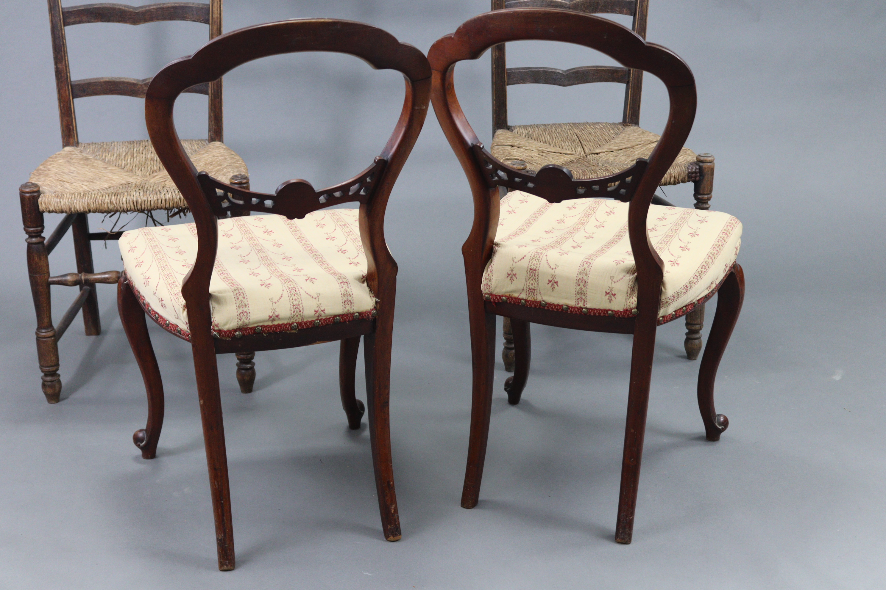 A pair of Victorian-style balloon-back dining chairs with padded seats, & on slender cabriole - Image 4 of 7