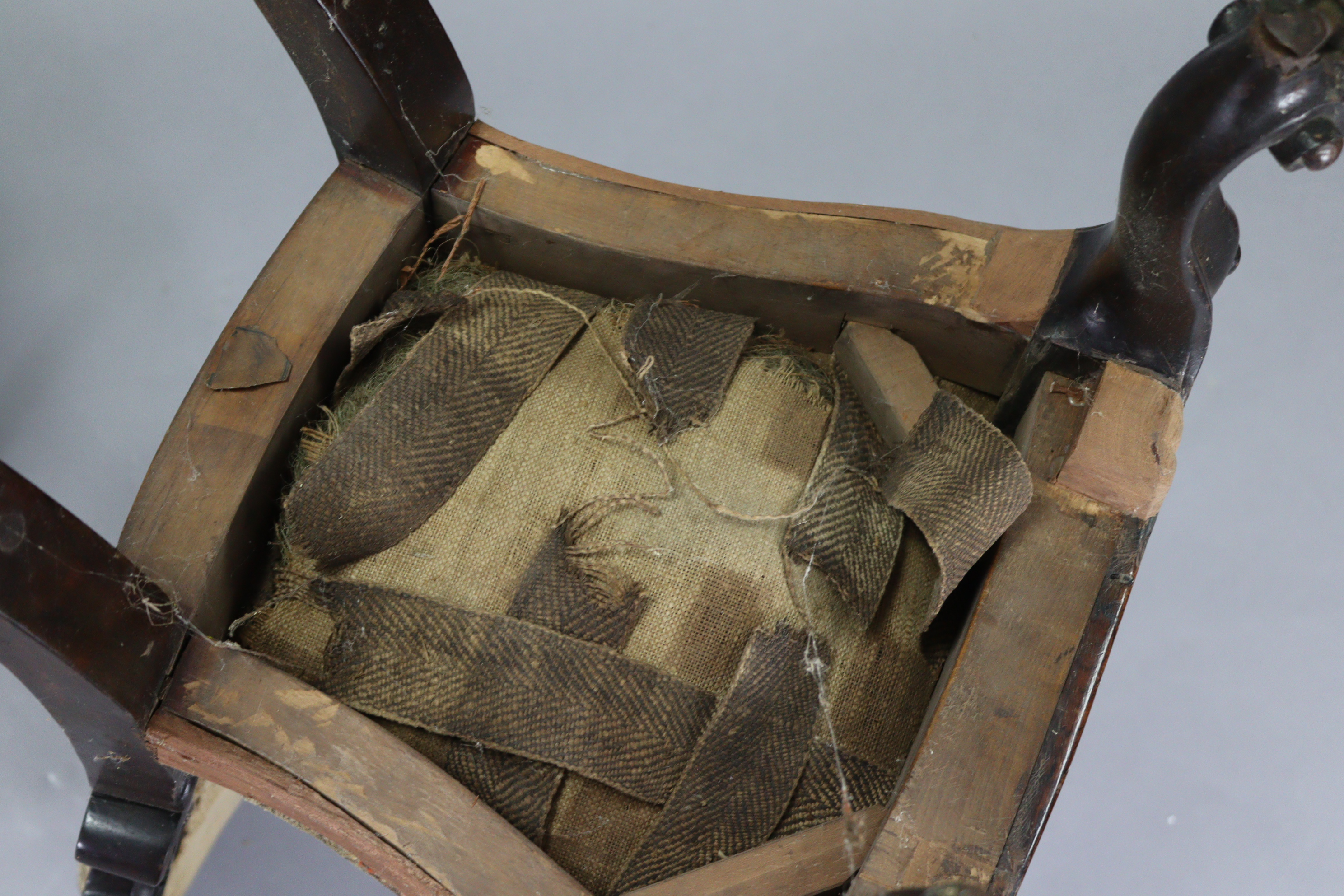 A Victorian carved mahogany frame child’s chair with shield-shaped back, padded seat, & on short - Image 5 of 5