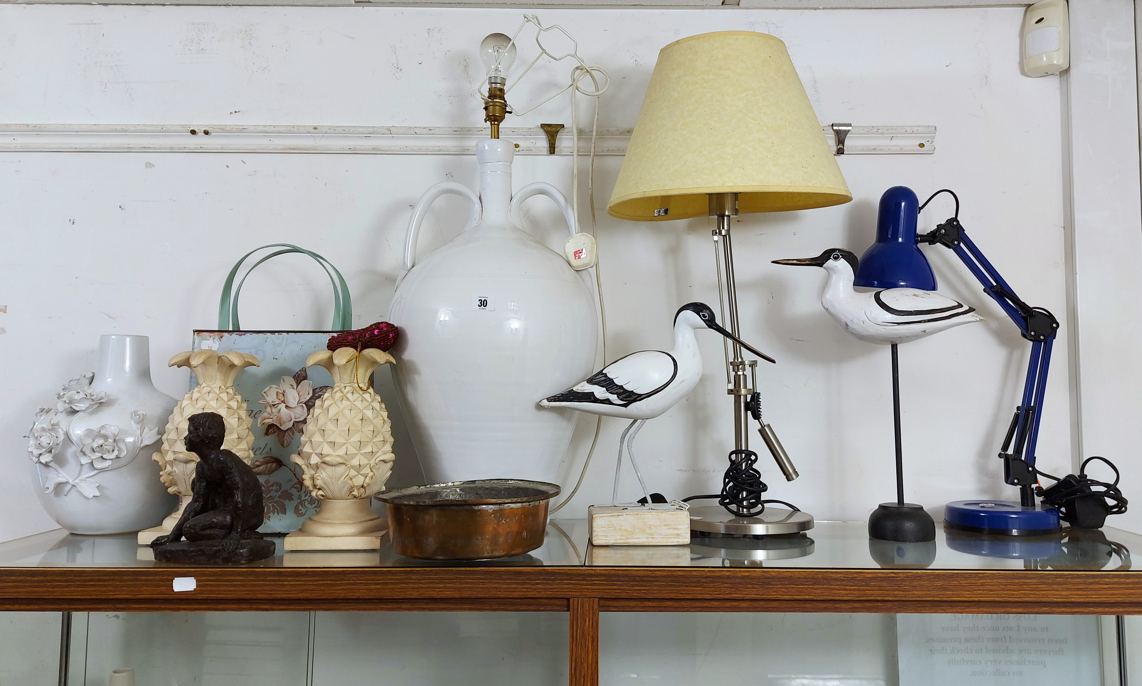 Four table lamps; an anglepoise table lamp; two wooden trinket boxes; various decorative ornaments.