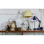Four table lamps; an anglepoise table lamp; two wooden trinket boxes; various decorative ornaments.