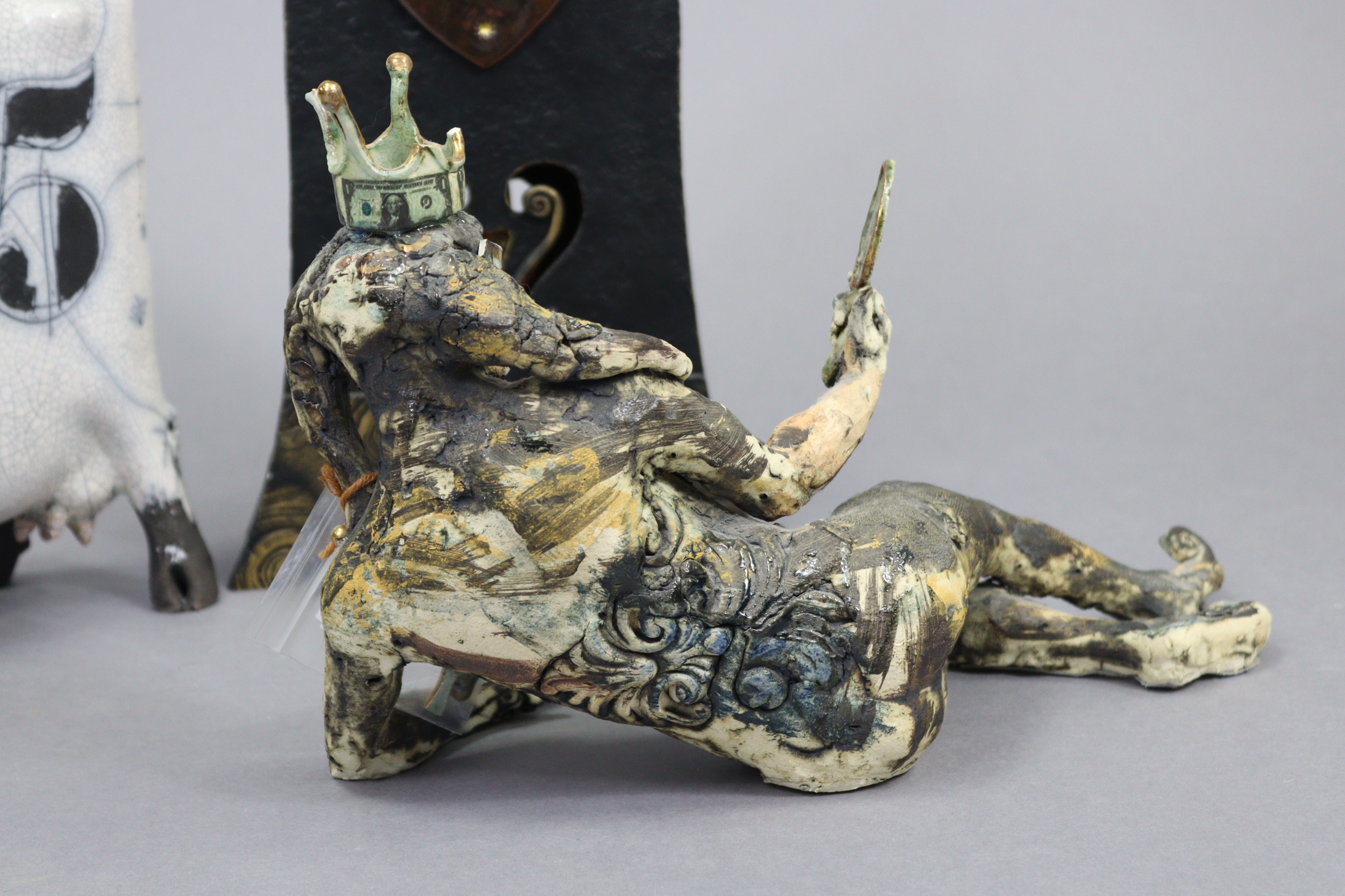 A mantel clock in black glazed pottery case, 19¼” high; a contemporary pottery model of a cow, - Image 9 of 9