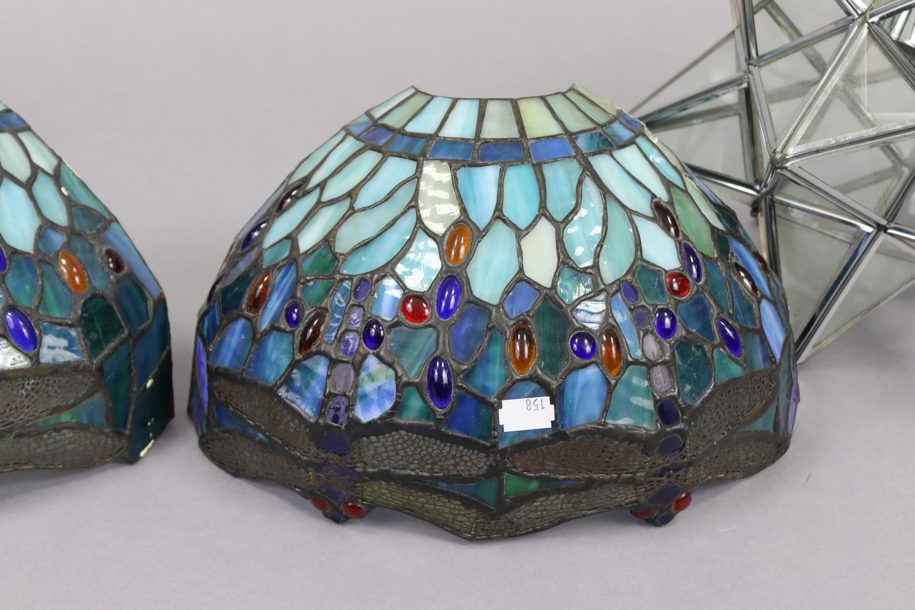 A pair of leaded & mottled glass wall lights of demi-lune form & with dragonfly decoration, 12½” - Image 2 of 5