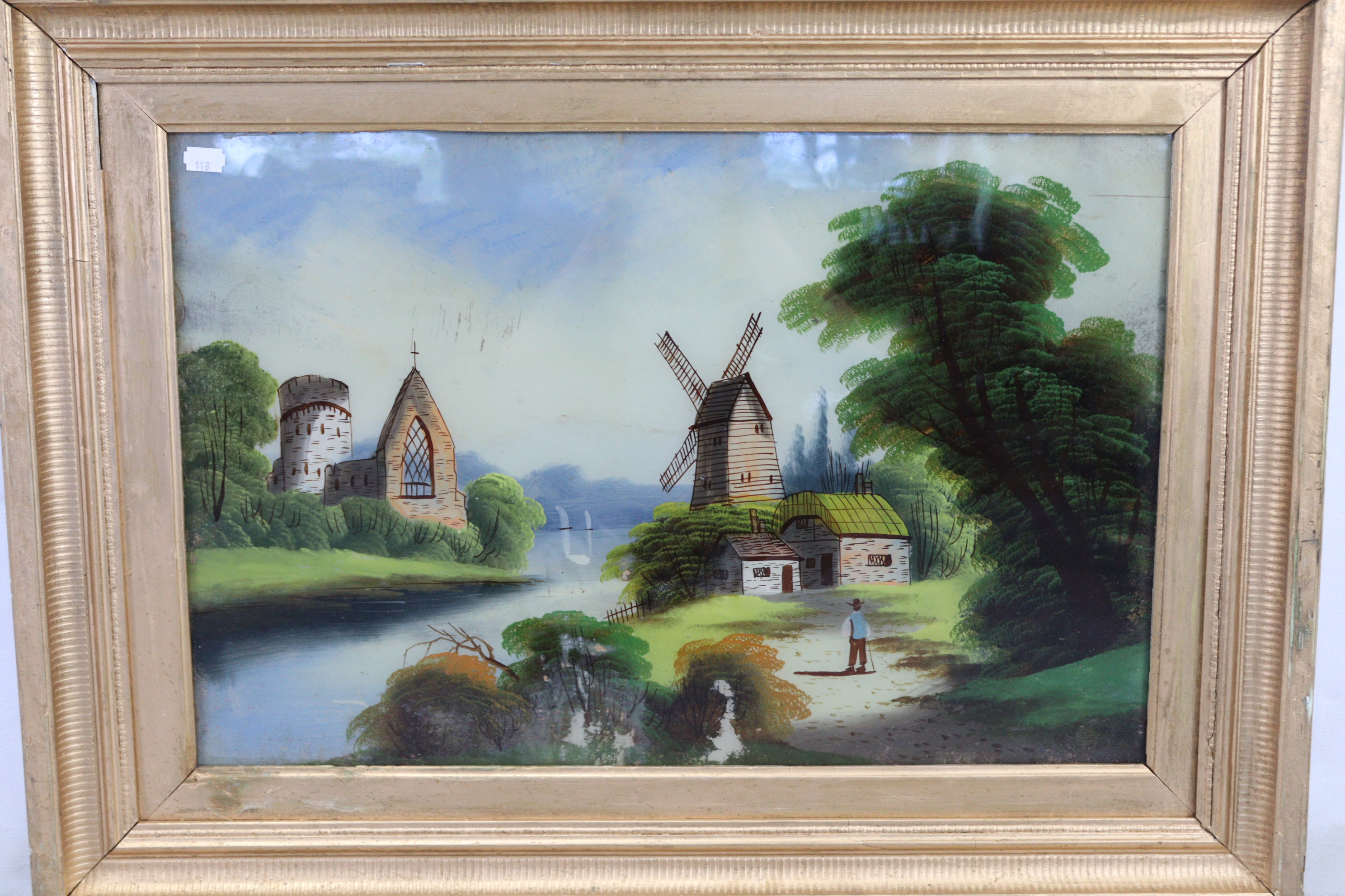 A pair of reverse paintings on glass-continental river scenes, 15½” x 23½”, in matching gilt - Image 3 of 3