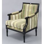 A regency-style ebonised frame square-back armchair upholstered multi-coloured stripped