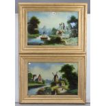 A pair of reverse paintings on glass-continental river scenes, 15½” x 23½”, in matching gilt