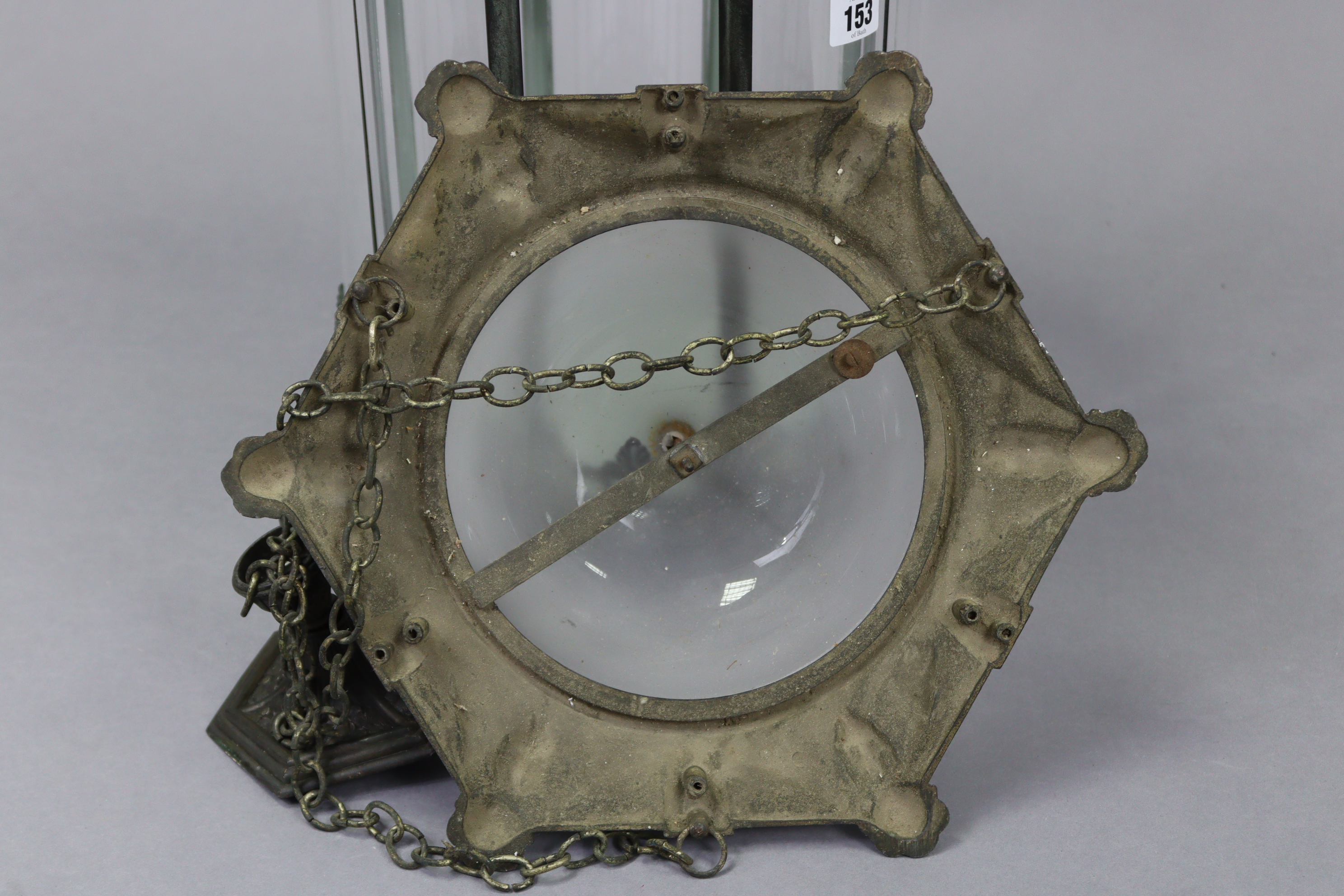 A silvered-metal hall lantern, 12” wide x 25” high, slight faults; & a similar ceiling light - Image 6 of 6