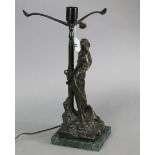 A reproduction bronzed cast-metal female figural table lamp after Emmanuel Villanis titled: “The