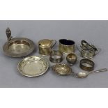 Four silver condiments; two silver dishes; two silver napkin rings; & various other items of