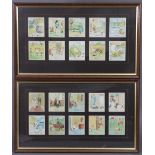 A part display of Kensitas “Henry” cigarette cards (20 of 50), displayed in a pair of glazed