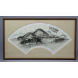 A Chinese monochrome watercolour painting on fan leaf of a mountainous river landscape, inscribed