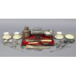 Two silver-plated tea caddies; a pair of plated fish servers, cased; a silver plated sugar bowl,