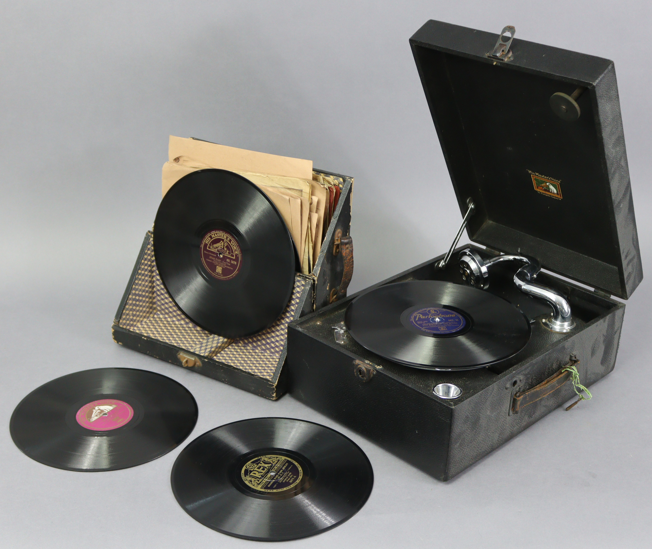 An HMV portable gramophone player in black fibre-covered case; & approximately thirty various