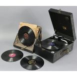 An HMV portable gramophone player in black fibre-covered case; & approximately thirty various