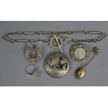 A silver albert with T-bar & pendant; together with three silver brooches; a silver dress ring; &