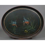 A 19th century tôle ware large oval tray with painted polychrome & gilt decoration of kingfishers