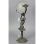 An Art Nouveau-style cast-spelter novelty table lamp, the column in the form of a standing