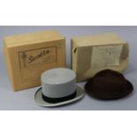 A Scott of London grey felt top hat (size 7); & a ditto brown felt trilby hat, each with cardboard