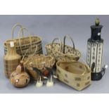 A Japanese-style metal table lamp; an Aboriginal gourd vessel, various similar wicker baskets & bow