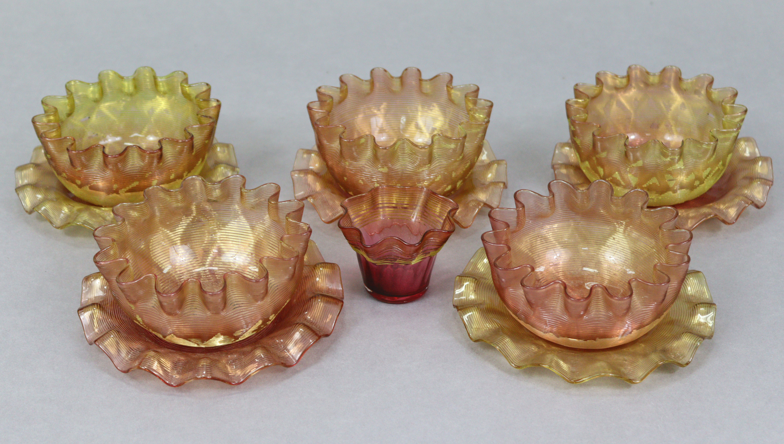 A set of five Venetian glass bowls, 5” diam., each with stand; & a similar smaller bowl.